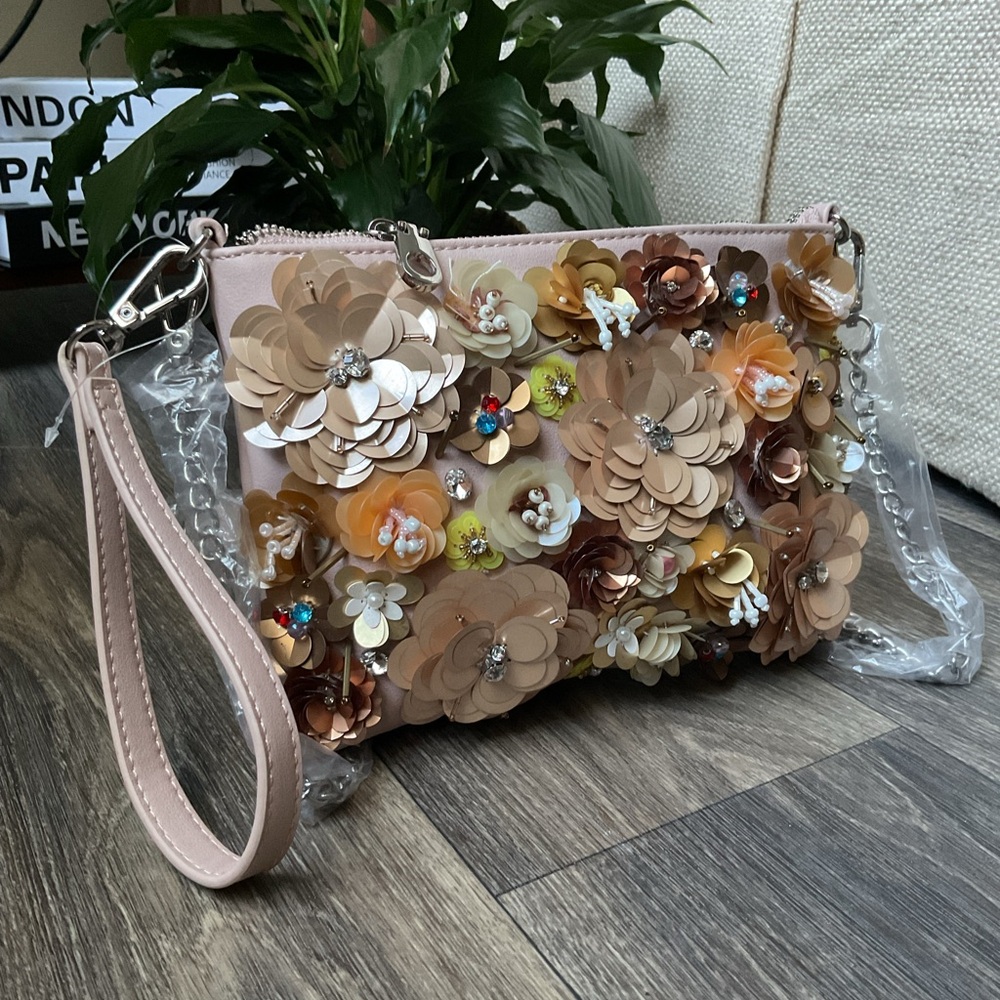 Chelsea28 Floral Embellished Wristlet in Brown and Cream